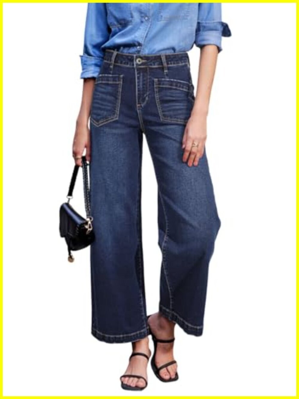Womens High Waisted Wide Leg Stretchy Ankle Jeans, Button Zip Closure